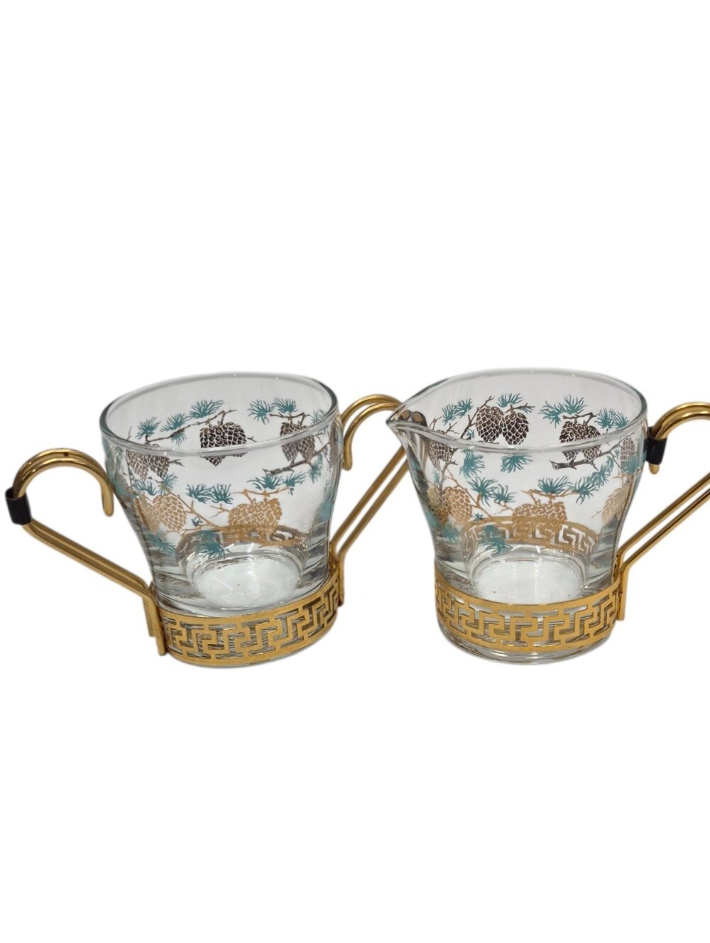 Vintage Libbey Turquoise Pinecone Cream and Sugar Golden Accent MCM Tea Coffee